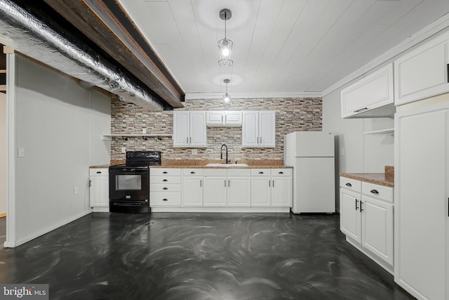 246 Locust Ln, Edinburg, VA 22824 - kitchen featuring freestanding refrigerator, pendant lighting, black / electric stove, a sink, and white cabinets