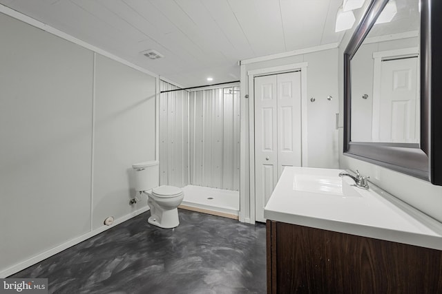 246 Locust Ln, Edinburg, VA 22824 - full bathroom with toilet, baseboards, walk in shower, vanity, and concrete flooring