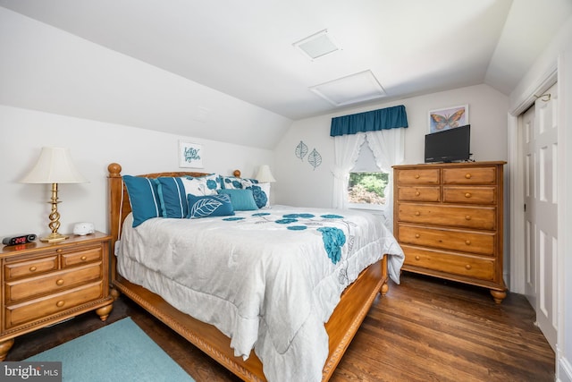 26547 Old State Rd, Crisfield, MD 21817 - bedroom with attic access, lofted ceiling, dark wood-style flooring, and a closet