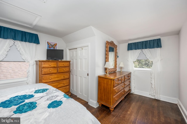 26547 Old State Rd, Crisfield, MD 21817 - bedroom with dark wood-type flooring, attic access, baseboards, and a closet