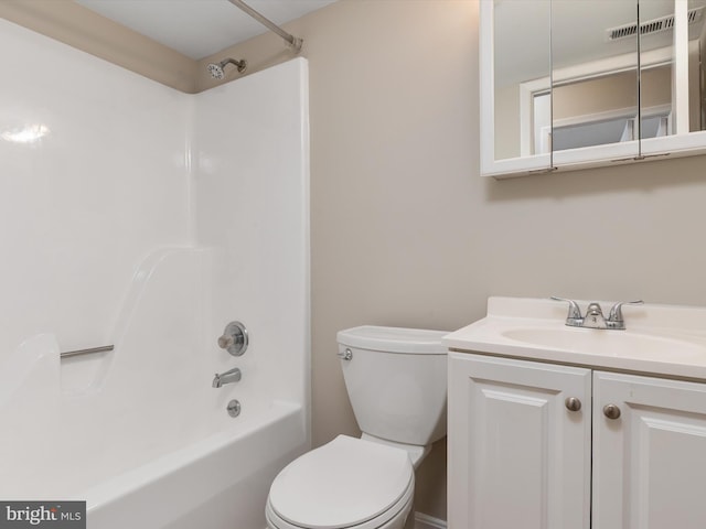 full bathroom featuring shower / bathing tub combination, visible vents, toilet, and vanity