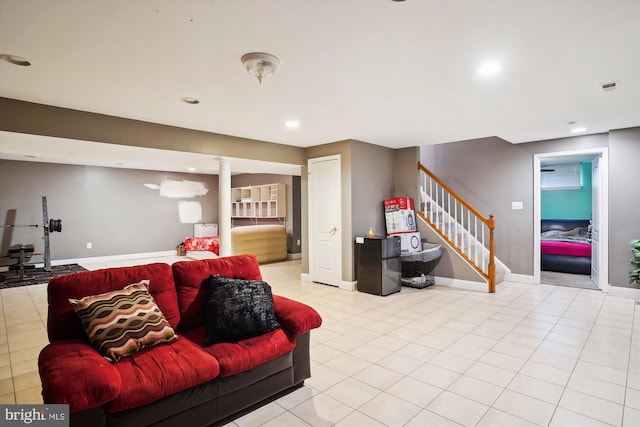 6301 Bradford Ct, Frederick, MD 21701 - tiled living room featuring recessed lighting, stairs, visible vents, and baseboards