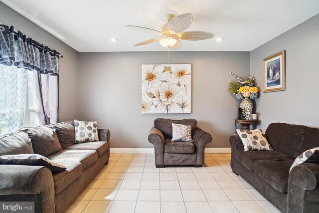 6301 Bradford Ct, Frederick, MD 21701 - living room with light tile patterned floors, ceiling fan, baseboards, and recessed lighting