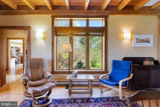 sitting room with wood ceiling, a baseboard radiator, hardwood / wood-style flooring, and beam ceiling