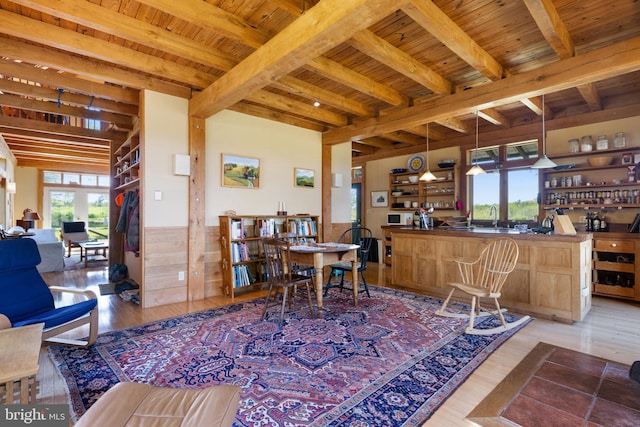 living area featuring wooden ceiling, beam ceiling, and wood finished floors