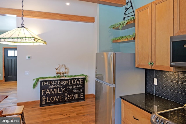 kitchen featuring light wood-style flooring, stainless steel appliances, tasteful backsplash, open shelves, and hanging light fixtures