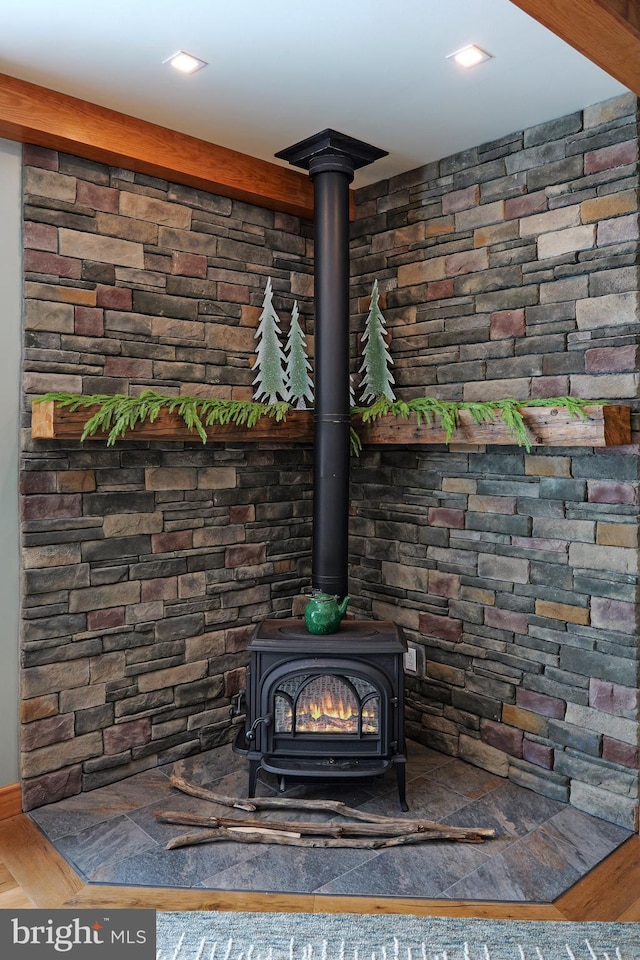 interior details with a wood stove