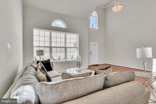 living area featuring a towering ceiling, crown molding, baseboards, and wood finished floors