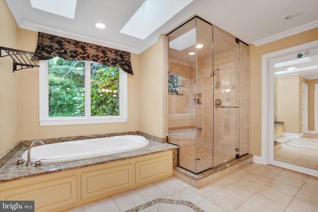 6 Deer Haven Ln, White Hall, MD 21161 - full bath featuring a skylight, a bath, tile patterned floors, a shower stall, and ornamental molding
