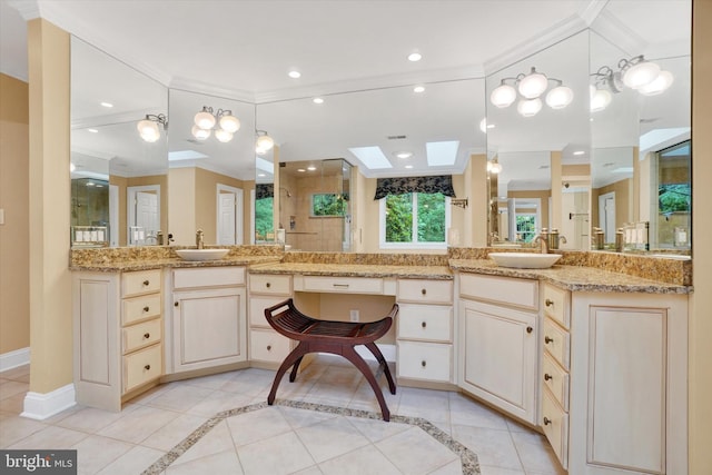 6 Deer Haven Ln, White Hall, MD 21161 - bathroom featuring a skylight, a stall shower, ornamental molding, vanity, and recessed lighting