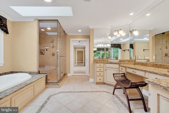 6 Deer Haven Ln, White Hall, MD 21161 - full bath with ornamental molding, a stall shower, a bath, vanity, and a skylight