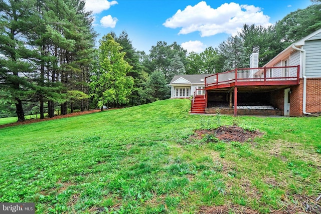 6 Deer Haven Ln, White Hall, MD 21161 - view of green lawn with a wooden deck, stairs, and view of scattered trees