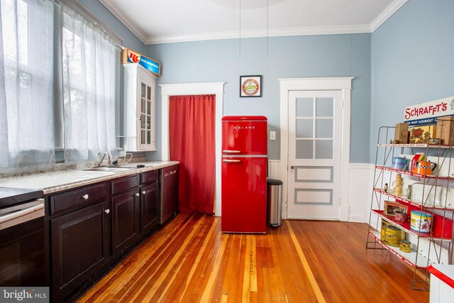 471 N Massanutten St, Strasburg, VA 22657 - kitchen with a sink, ornamental molding, light wood-style floors, appliances with stainless steel finishes, and a wainscoted wall