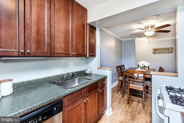 kitchen with light wood-type flooring, ornamental molding, gas range gas stove, dishwasher, and a sink