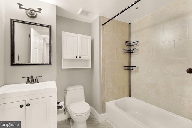bathroom featuring visible vents, toilet, marble finish floor, baseboards, and vanity