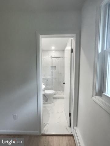 3433 Gregg Rd, Brookeville, MD 20833 - full bath with toilet, a shower stall, wood finished floors, a baseboard radiator, and baseboards
