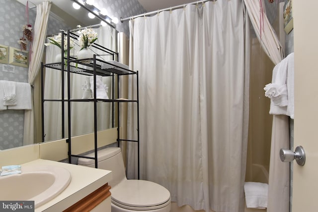 108 120th St Unit 5462, Ocean City, MD 21842 - bathroom with wallpapered walls, vanity, toilet, and a shower with shower curtain