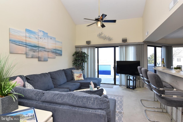 108 120th St Unit 5462, Ocean City, MD 21842 - living room featuring carpet flooring, ceiling fan, and high vaulted ceiling