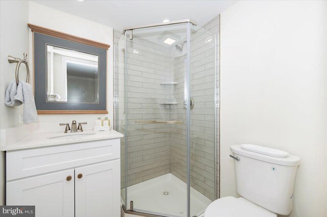 bathroom featuring vanity, toilet, and a shower stall