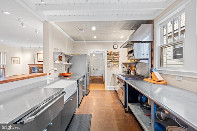kitchen featuring appliances with stainless steel finishes, a healthy amount of sunlight, wall chimney exhaust hood, and stainless steel counters