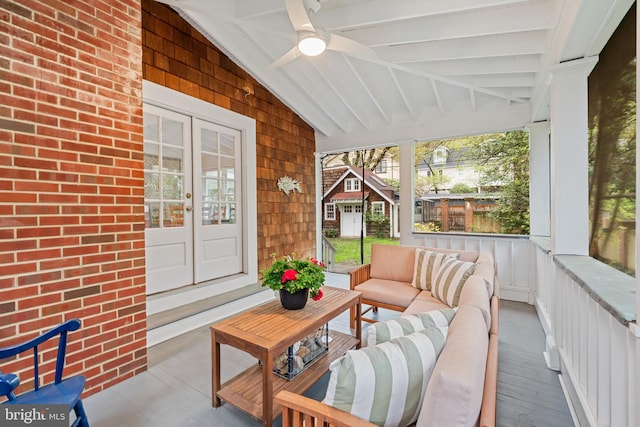 view of patio with outdoor lounge area, french doors, and ceiling fan