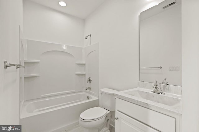 bathroom featuring tub / shower combination, vanity, toilet, and visible vents