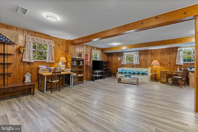 living area with wooden walls, beamed ceiling, wood finished floors, and visible vents