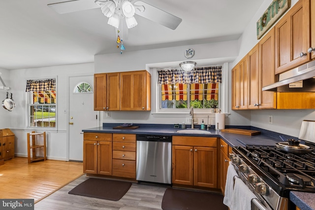 kitchen featuring a sink, appliances with stainless steel finishes, under cabinet range hood, and a healthy amount of sunlight