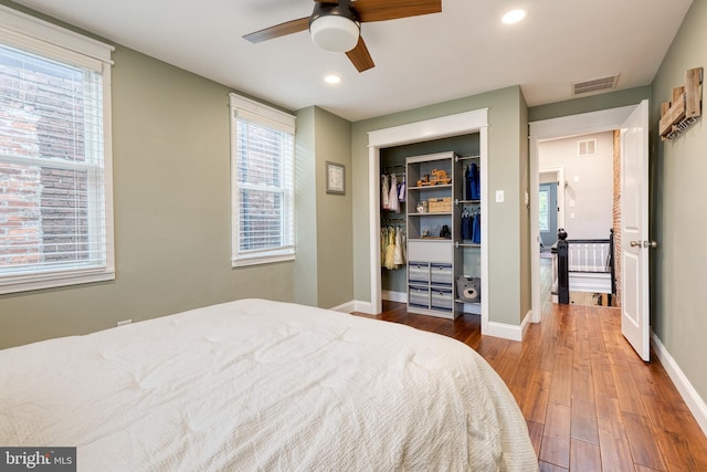21 N Collington Ave N, Baltimore, MD 21231 - bedroom with wood finished floors, baseboards, recessed lighting, a closet, and a ceiling fan