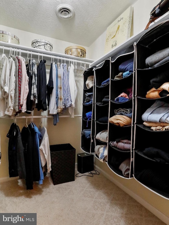 walk in closet featuring visible vents and carpet flooring