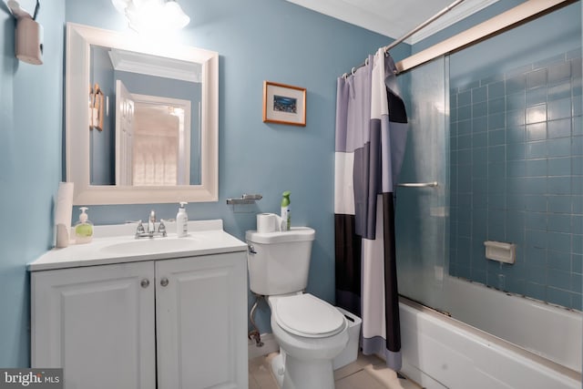bathroom featuring tile patterned flooring, toilet, vanity, and shower / bathtub combination with curtain