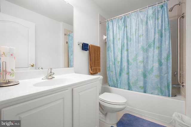 bathroom featuring toilet, vanity, and shower / bathtub combination with curtain