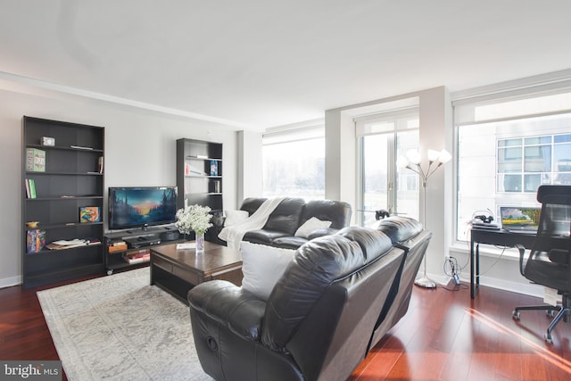living room with baseboards and dark wood-style flooring