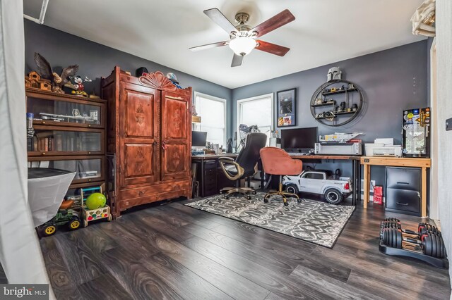 home office featuring ceiling fan and wood finished floors