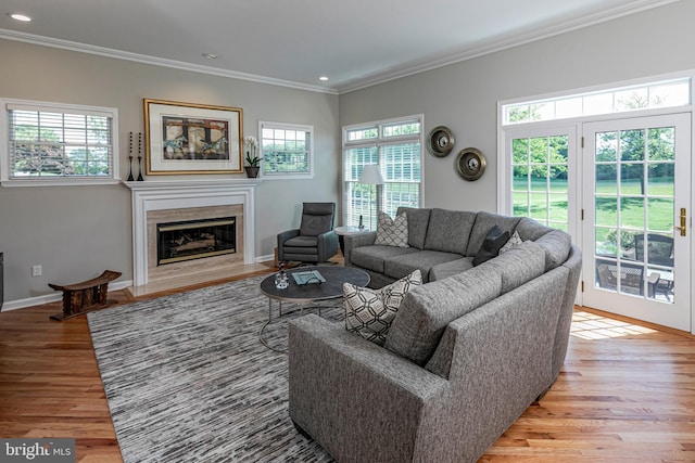 living area with plenty of natural light, crown molding, light wood-style flooring, recessed lighting, and a high end fireplace