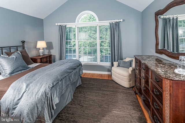 bedroom featuring vaulted ceiling, multiple windows, and dark wood-style flooring