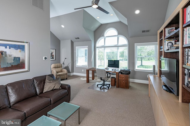carpeted office with lofted ceiling, baseboards, ceiling fan, and recessed lighting