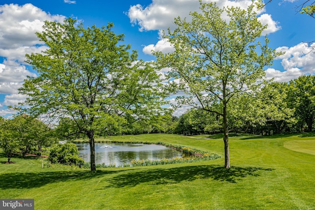 water view featuring a tree filled landscape and a golf club