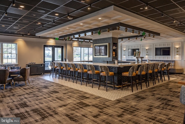 community bar area with track lighting, carpet floors, and healthy amount of natural light