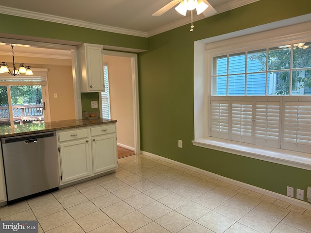 206 Fairgrove Cir, Gaithersburg, MD 20877 - kitchen with ornamental molding, light tile patterned floors, white cabinetry, stainless steel dishwasher, and ceiling fan with notable chandelier