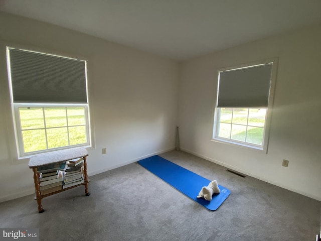 workout room with carpet and visible vents