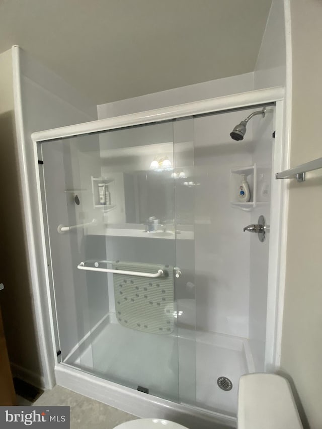 full bath featuring toilet and a shower stall