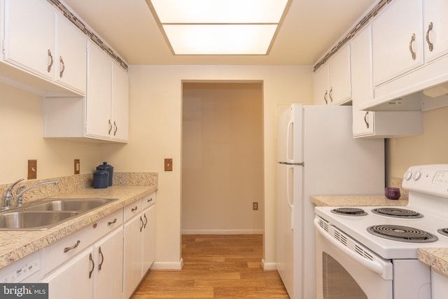 3431 S Leisure World Blvd Unit 88-3D, Silver Spring, MD 20906 - kitchen with white range with electric cooktop, light wood-type flooring, a sink, light countertops, and white cabinets