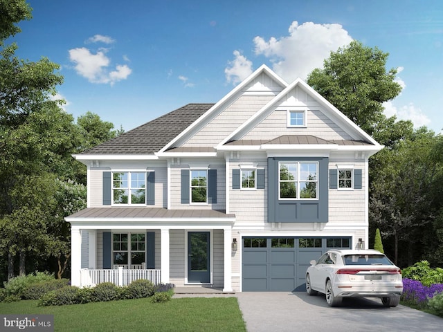 craftsman-style house with covered porch, a garage, metal roof, concrete driveway, and a standing seam roof