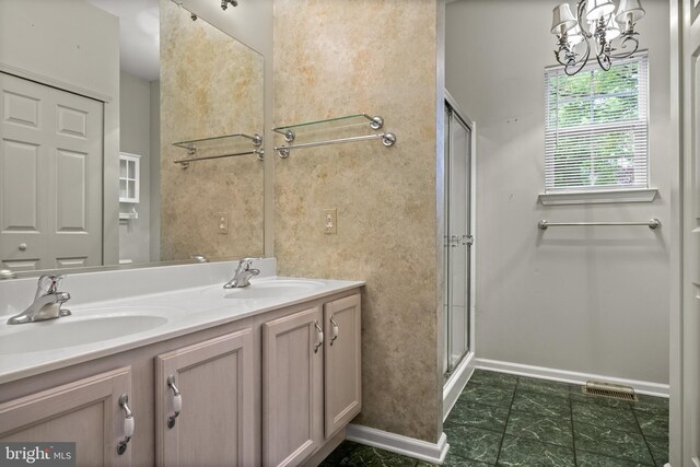 4 Tara Ln, Delran, NJ 08075 - full bath with a shower stall, double vanity, baseboards, and a chandelier
