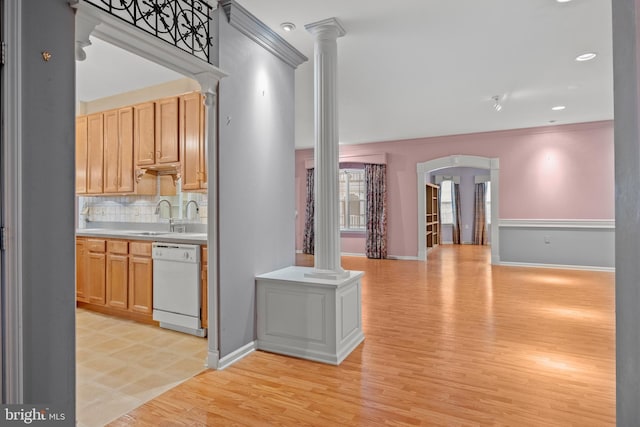 4 Tara Ln, Delran, NJ 08075 - bar with dishwasher, decorative columns, a sink, light wood finished floors, and crown molding