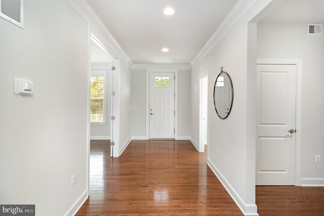 foyer entrance featuring wood finished floors, visible vents, and recessed lighting