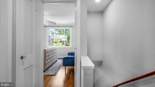 hall featuring wood-type flooring and baseboards