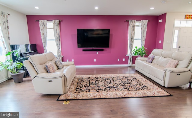 15 N Tompkins Sq, Downingtown, PA 19335 - living area featuring recessed lighting, baseboards, a healthy amount of sunlight, and wood finished floors
