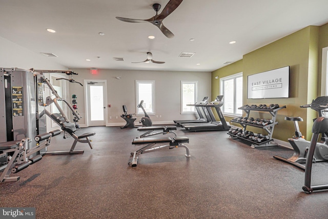 15 N Tompkins Sq, Downingtown, PA 19335 - workout area featuring recessed lighting, visible vents, baseboards, and ceiling fan